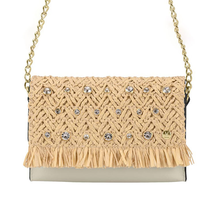 Bolsa tiracolo Vizzano vista lateral mostrando detalhes trançados e franjas